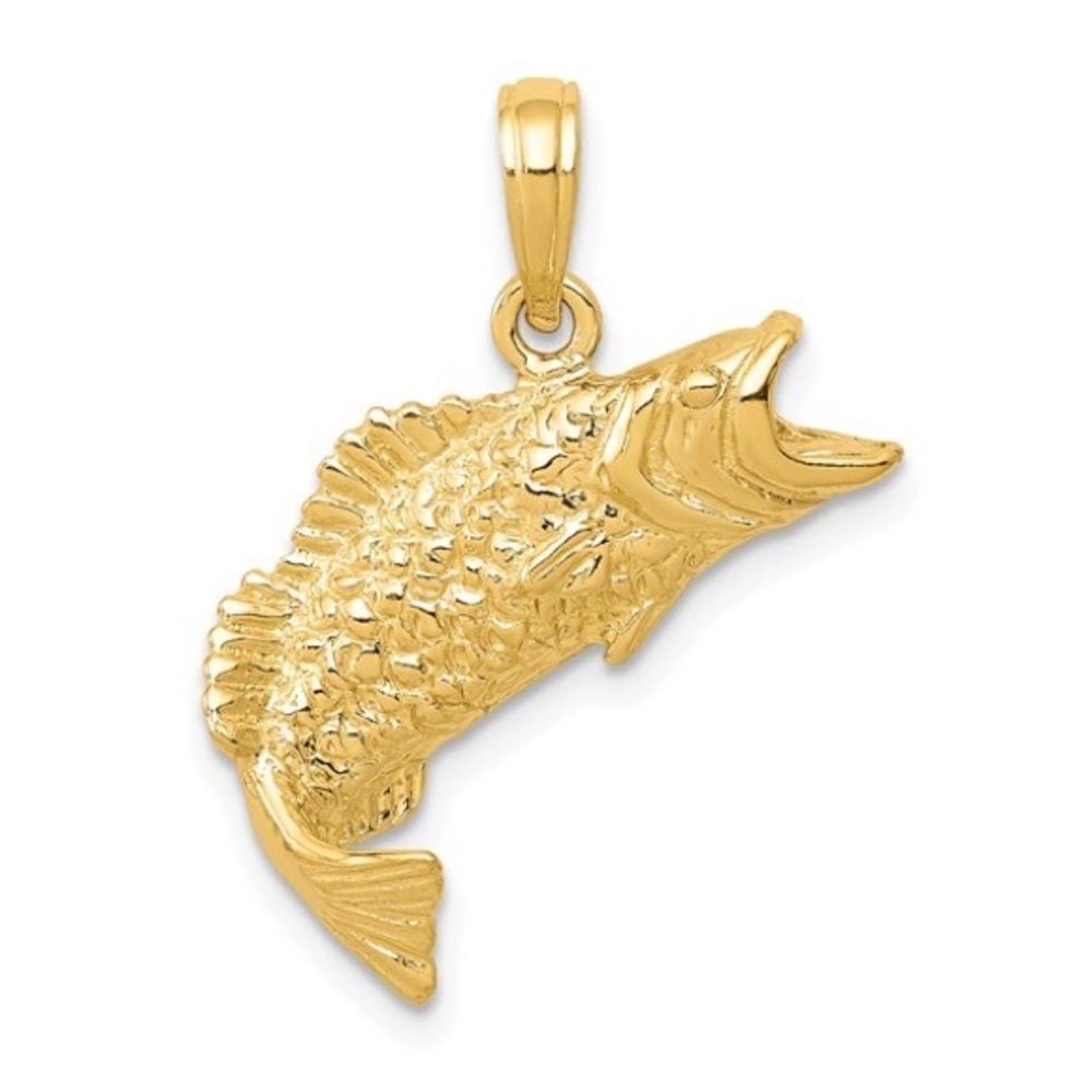 10K Gold Polished and Textured Bass Fish Pendant